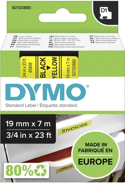 Стрічка для етикеток Dymo S0720880 D1 19 мм x 7 м Yellow/Black (5411313452182) - зображення 1