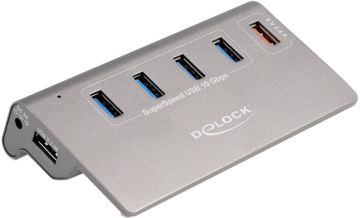 USB Hub Delock USB 10 Gbps Hub with 4 USB Type-A Ports + 1 Fast Charging Port Power Supply Grey (4043619641826) - obraz 1