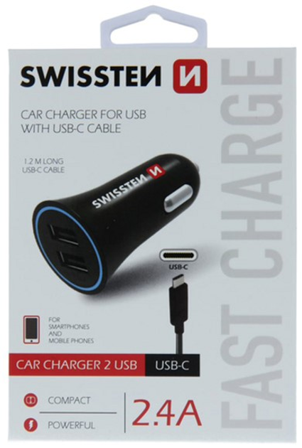 Ładowarka samochodowa Swissten CL 2 x USB-A 12W Quick Charge 2.4 + kabel USB-C 1.2 m Black (20110908) - obraz 1