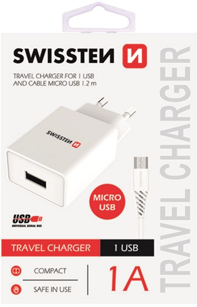 Зарядний пристрій Swissten USB-A + кабель Micro USB 5W White (22061000) - зображення 1