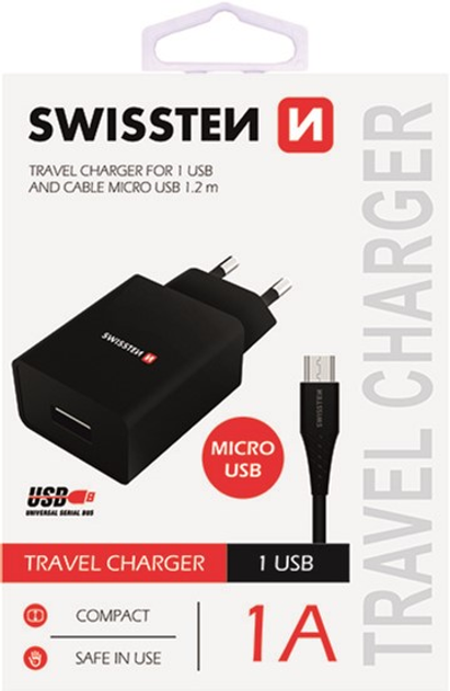 Ładowarka Swissten USB-A + kabel Micro USB 5W Black (22062000) - obraz 1