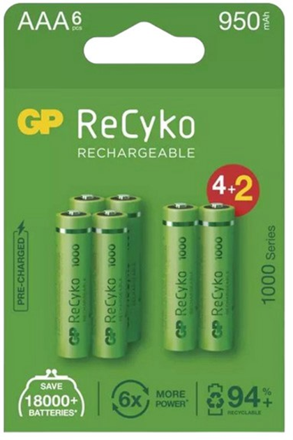 Акумулятор GP ReCyko AAA HR03 1.2V 950 mAh 6 шт (4891199197826) - зображення 1