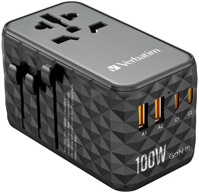 Uniwersalny adapter podróżny Verbatim World-to-World UTA-06 2 x USB-C PD QC 4+ 2 x USB-A QC 3.0 100W Czarny (0023942321217) - obraz 1