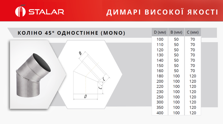 Коліно 45° димохідне ø130 мм 1 мм Aisi 304 Stalar (40424) - зображення 2