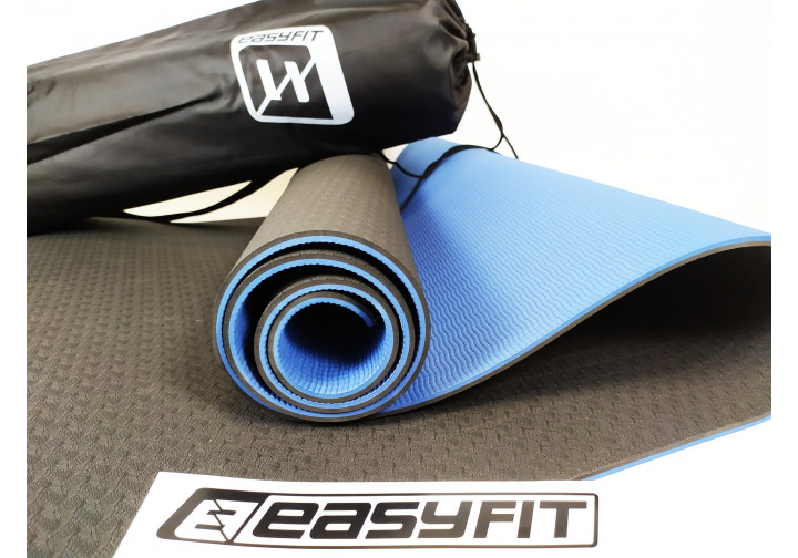 Килимок для йоги та фітнесу EasyFit TPE+TC 6 мм двошаровий чорний із синім + Чохол - зображення 3