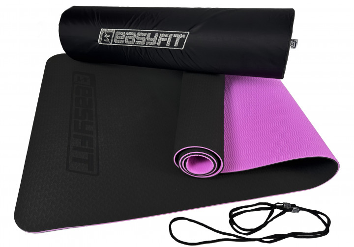 Килимок для йоги та фітнесу EasyFit TPE+TC 6 мм двошаровий чорний з фіолетовим + Чохол - зображення 2