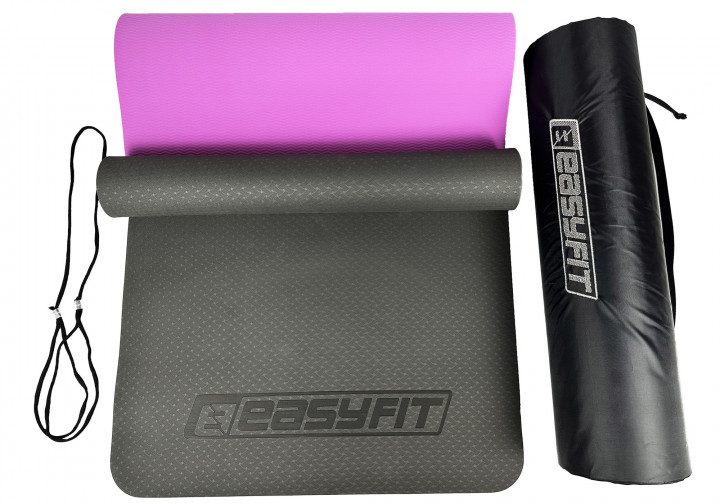 Килимок для йоги та фітнесу EasyFit TPE+TC 6 мм двошаровий чорний з фіолетовим + Чохол - зображення 3