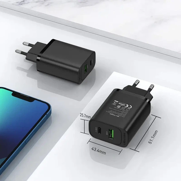 Зарядний пристрій Vention 2xUSB 38W (USB-C+USB-A) PD+QC3.0 Чорний (FBIB0-EU) - Фото 2 Зарядний пристрій Vention 2xUSB 38W (USB-C+USB-A) PD+QC3.0 Чорний (FBIB0-EU) - зображення 2