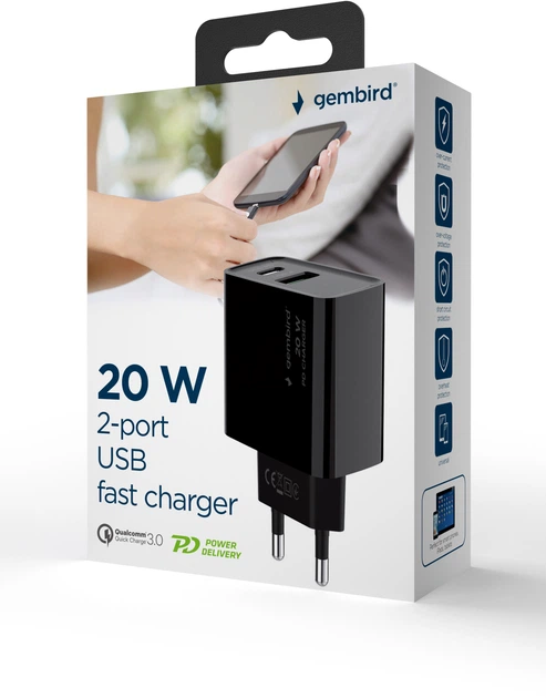 Сетевое зарядное устройство Gembird PD 20W USB-А + Type-C (TA-UC-PDQC20-01-BK) - Фото 6 Сетевое зарядное устройство Gembird PD 20W USB-А + Type-C (TA-UC-PDQC20-01-BK) - изображение 6