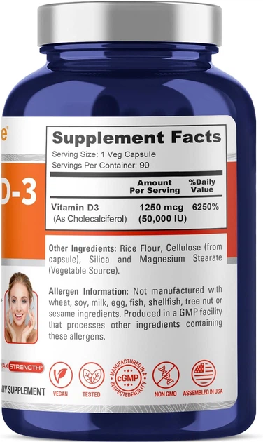 Вітамін D3 преміум-класу NusaPure Vitamin D3 50,000 IU 90 капсул - зображення 2