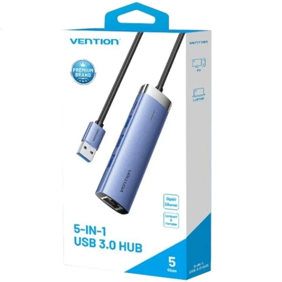 USB-хаб Vention USB3.0 USB 3.0x3/RJ45/USB-C Hub Blue Aluminum Alloy (TGFSB) - зображення 3