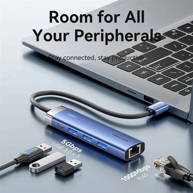 USB-хаб Vention USB3.0 USB 3.0x3/RJ45/USB-C Hub Blue Aluminum Alloy (TGFSB) - зображення 6