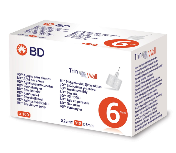 Иглы для инсулиновых ручек "BD Thin Wall Micro-Fine Plus" 6 мм (31G x 0,25 мм), 100 шт. - изображение 1