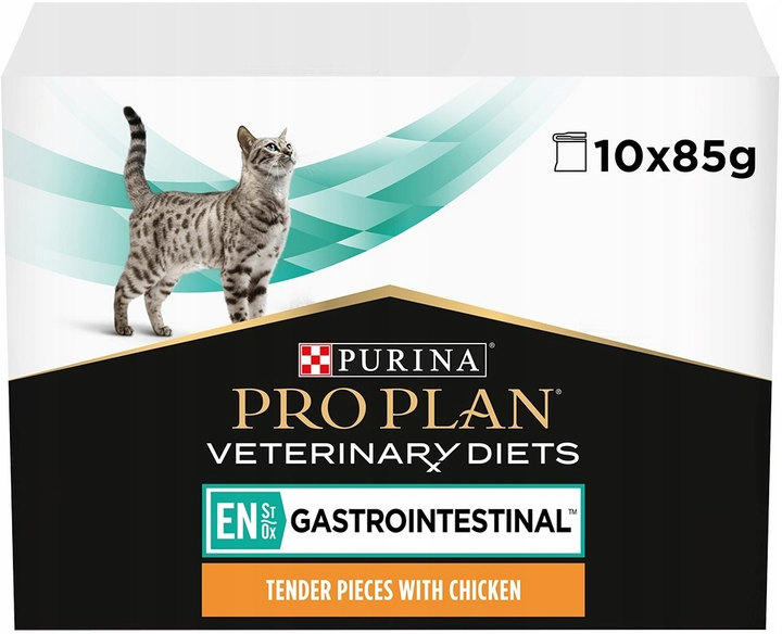 Opakowanie mokrej karmy dietetycznej dla kociąt i dorosłych kotów Purina Pro Plan Veterinary Diets EN Gastrointestinal na choroby przewodu pokarmowego z kurczakiem 10 x 85 g (8445290093561) - obraz 1