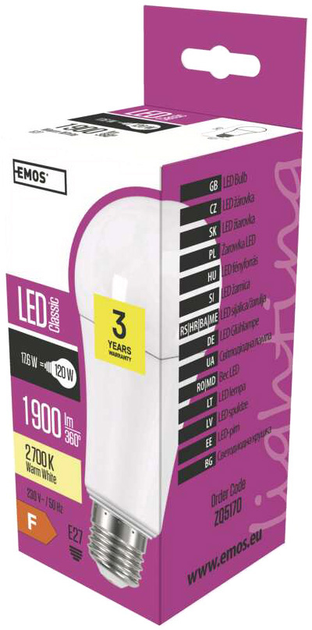 Лампа світлодіодна Emos Lighting 17.6W 2700K 220-240V E27 Теплий білий A67 (8592920075470) - зображення 2