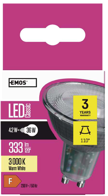 Żarówka LED Emos Lighting 4.2W 3000K 220-240V GU10 Ciepły biały MR16 (8592920056028) - obraz 1