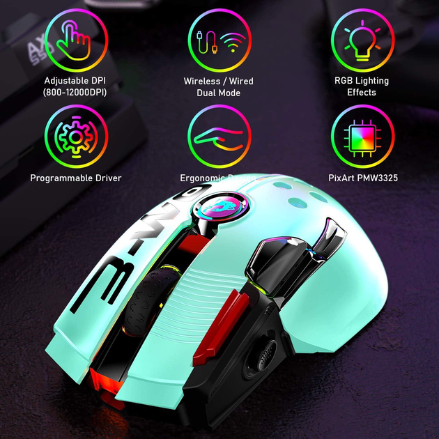 Беспроводная игровая мышь UrChoiceLtd X6 PRO, ультралегкая, сенсор Pixart PAW3325, до 12000 DPI, 2,4G/USB-C, 6 программируемых кнопок, аккумулятор 1000 мАч, для ПК/MAC/PS4/XBOX (зеленый) - изображение 2