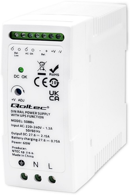 Блок живлення на DIN-рейку Qoltec з функцією ДБЖ 60 Вт, 27.6 В, 1.45 A White (5901878508849) - зображення 1