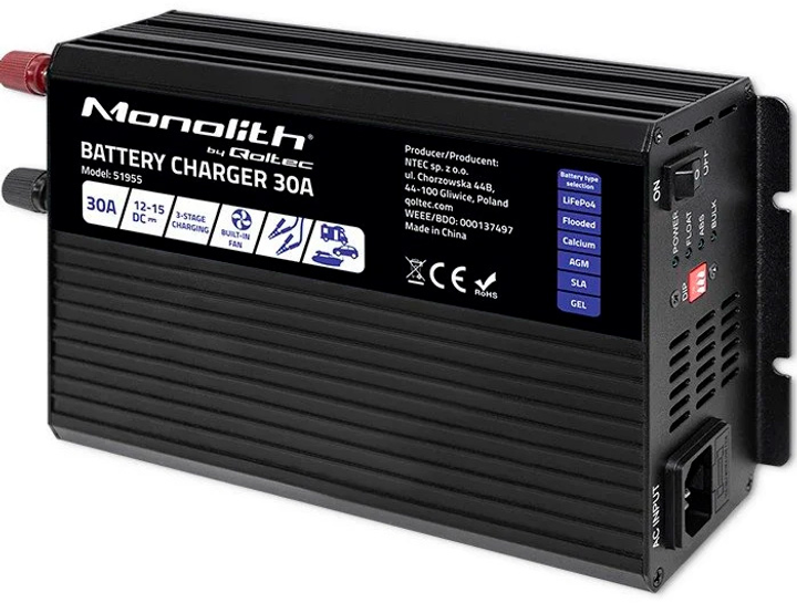 Зарядний пристрій Qoltec Smart Monolith charger for LiFePO4 AGM GEL SLA 30A 12V (5901878519555) - зображення 1