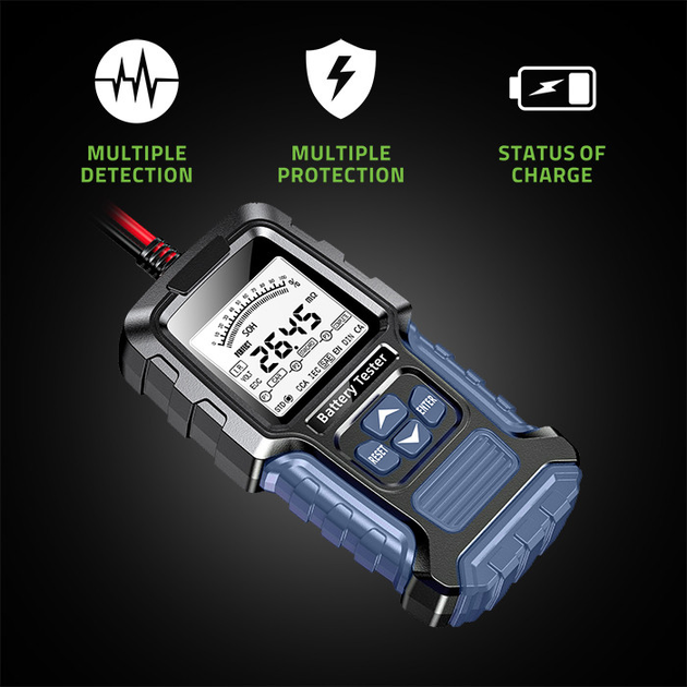Цифровий тестер акумулятора Qoltec з LCD дисплеєм 12 V 24 V 3 Ah - 250 Ah (5901878524870) - зображення 5