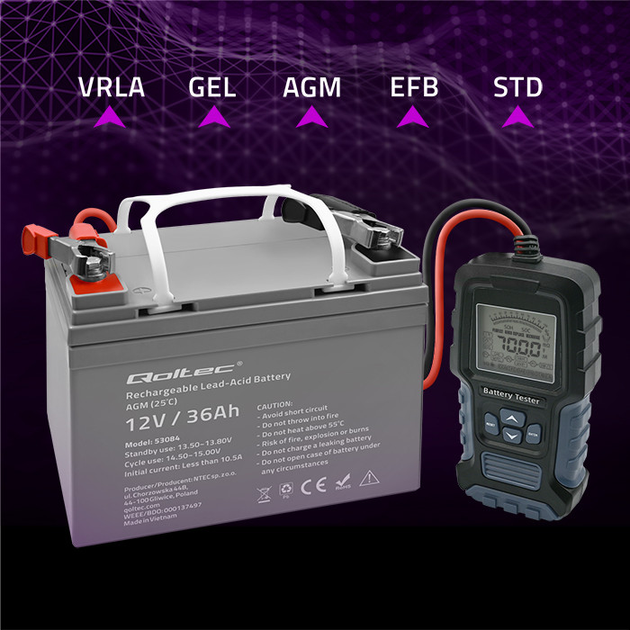 Цифровий тестер акумулятора Qoltec з LCD дисплеєм 12 V 24 V 3 Ah - 250 Ah (5901878524870) - зображення 7
