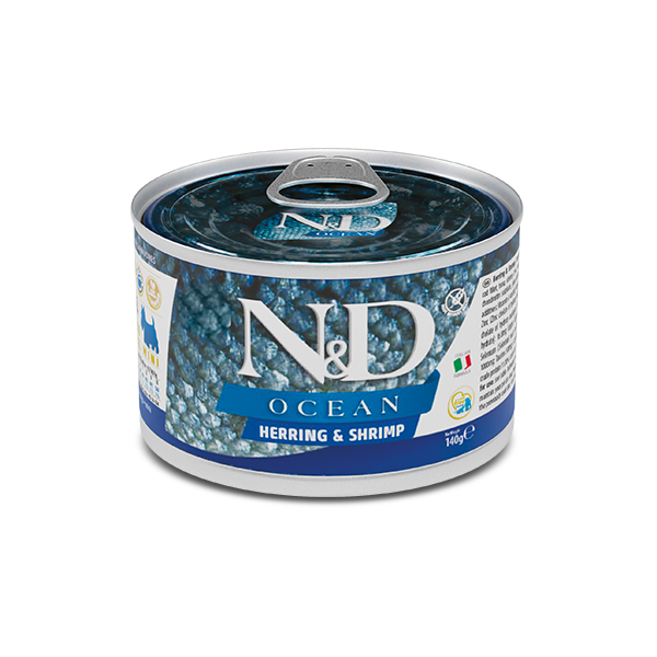 Влажный корм Farmina N&D Grain Free OCEAN HERRING & SHRIMP ADULT MINI для мелких собак с сельдью, 140 г (*) - Фото 1 Влажный корм Farmina N&D Grain Free OCEAN HERRING & SHRIMP ADULT MINI для мелких собак с сельдью, 140 г (*) - изображение 1