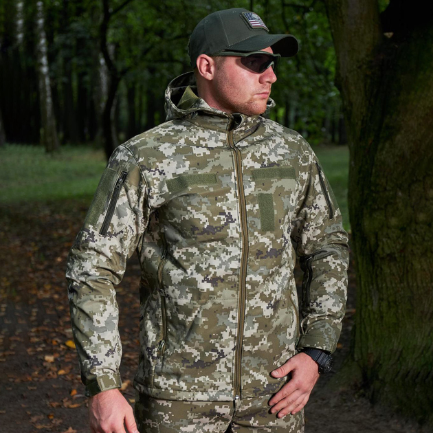 Чоловіча Куртка Combat Softshell на флісі з Капюшоном та Липучками під шеврони піксель розмір S - зображення 1