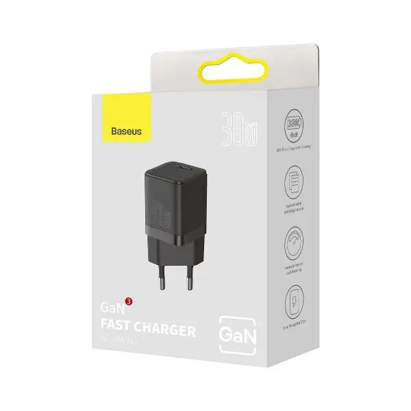 Мережевий зарядний пристрій Baseus CCGN010101 GaN3 Fast Charger 30W Type-C black - Фото 4 Мережевий зарядний пристрій Baseus CCGN010101 GaN3 Fast Charger 30W Type-C black - зображення 4