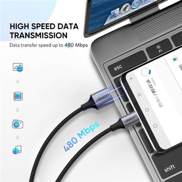 Kabel synchronizacyjny Ugreen US288 USB - Type-C Kabel w oplocie aluminiowym 1 m Czarny (UGR-60126) - obraz 3
