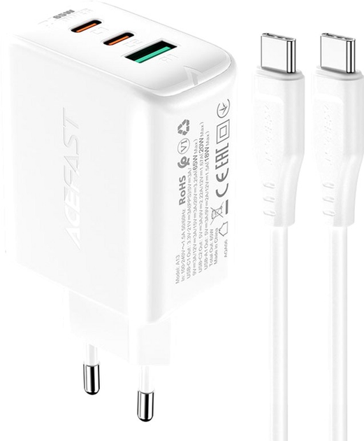 Ładowarka sieciowa Acefast A13 PD65W (USB-C+USB-C+USB-A) Zestaw ładowarek 3-portowych White - obraz 2