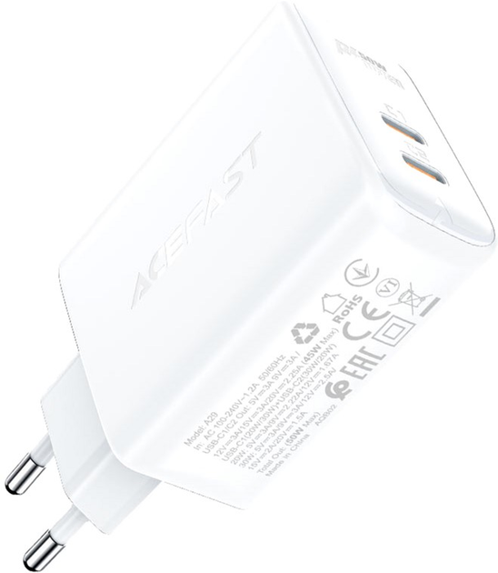 Мережевий зарядний пристрій Acefast A29 PD50W GaN (USB-C+USB-C) Dual Port Charger White - зображення 2