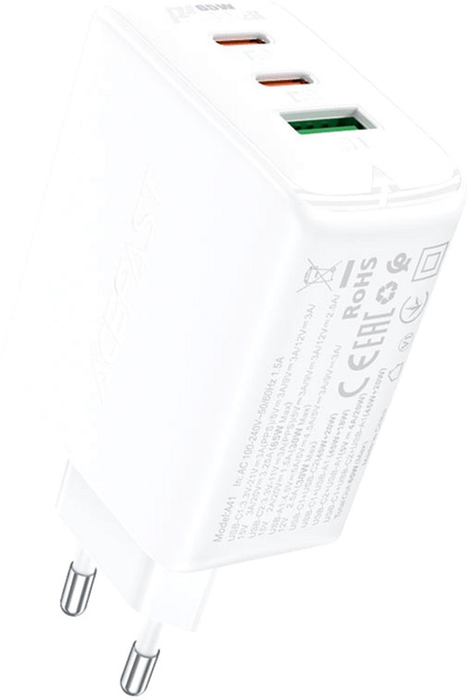 Мережевий зарядний пристрій Acefast A41 PD65W GaN (2xUSB-C+USB-A) Charger White - зображення 1