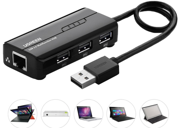 Hub USB Ugreen USB 3.0 Typ A-3xUSB 2.0 + RJ45 1000M Ethernet Czarny (6957303822645) - obraz 4
