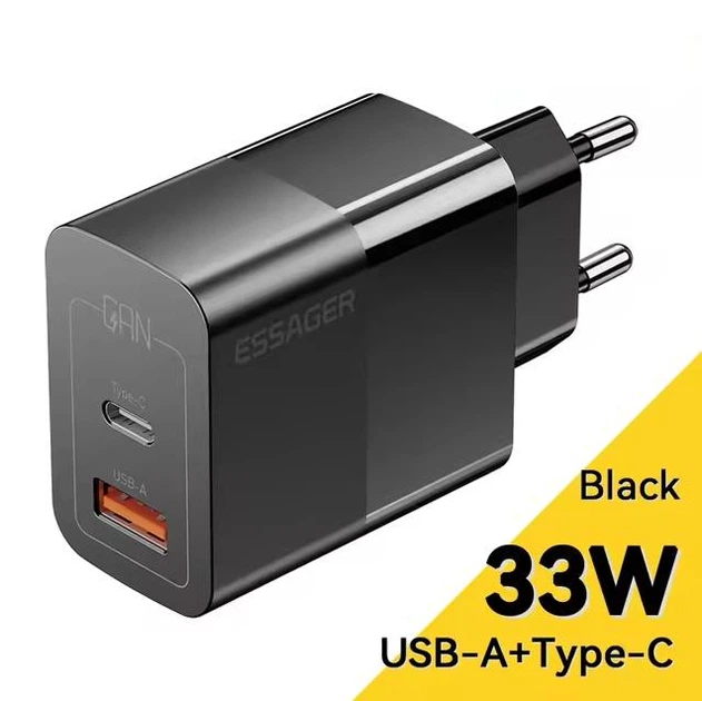 Зарядний пристрій Essager Pinchen 33W Travel Fast Charger USB-A + TYPE-C EU Black - Фото 2 Зарядний пристрій Essager Pinchen 33W Travel Fast Charger USB-A + TYPE-C EU Black - изображение 2