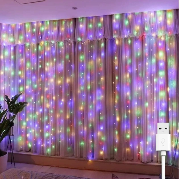 Гірлянда штора "Роса", 3x2м, 200 LED, від USB, 8 режимів + статичний, IP44, Мультиколор - Фото 1 Гірлянда штора "Роса", 3x2м, 200 LED, від USB, 8 режимів + статичний, IP44, Мультиколор - зображення 1