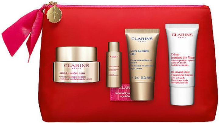 Zestaw kosmetyków do pielęgnacji Clarins Nutri-Lumiere Krem do twarzy na dzień 50 ml + Krem do twarzy na noc 15 ml + Krem do rąk 30 ml + Lotion do twarzy 10 ml + Kosmetyczka (3666057194610) - obraz 1