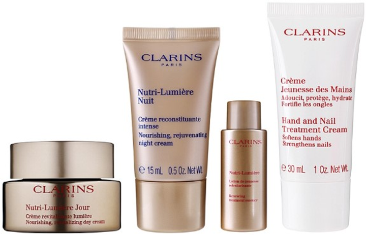 Набір косметики по догляду Clarins Nutri-Lumiere Денний крем для обличчя 50 мл + Нічний крем для обличчя 15 мл + Крем для рук 30 мл + Лосьйон для обличчя 10 мл + Косметичка (3666057194610) - зображення 2