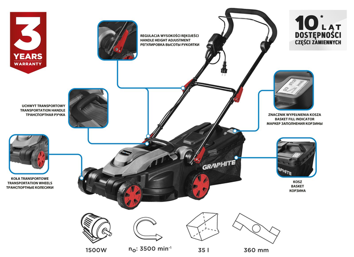 Kosiarka elektryczna Graphite 1500 W 36 cm 35 l 20-50 mm 10.1 kg 59G474 (5902062082947) - obraz 15