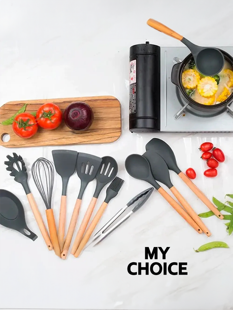 Набор кухонных принадлежностей из силикона и бамбука 12 предметов Kitchen Set Черный - изображение 3