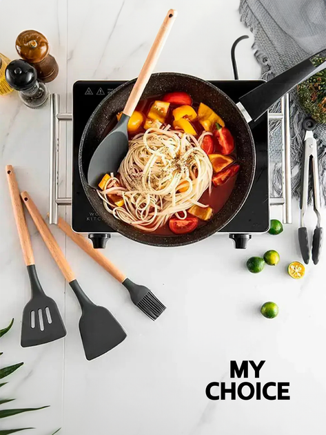 Набор кухонных принадлежностей из силикона и бамбука 12 предметов Kitchen Set Черный - изображение 5