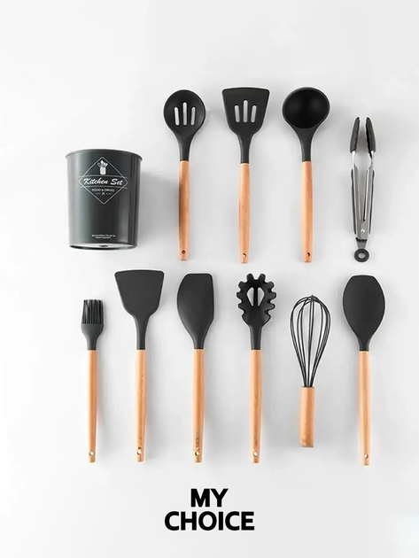 Набор кухонных принадлежностей из силикона и бамбука 12 предметов Kitchen Set Черный - изображение 8