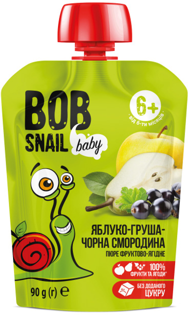 Упаковка пюре фруктового Bob Snail Яблоко-Груша-Черная смородина для детей от 6 месяцев 90 г х 10 шт (4820219343813) 