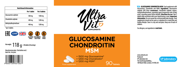 Харчова добавка Ultra Vit Глюкозамін Хондроїтин MSM 90 пігулок (5060730361067) - зображення 5