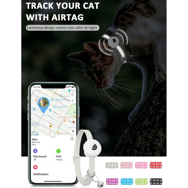 Світловідбиваючий нашийник SV для кошеня з тримачем Apple Air Tag і дзвіночком Рожевий (sv3865pin) - зображення 2