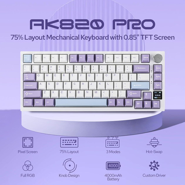Клавиатура AJAZZ AK820 PRO White-Purple Игровая Беcпроводная Механичиская. 2.4G/Bluetooth/Кабель. С Екранчиком. Gift Switch - изображение 2