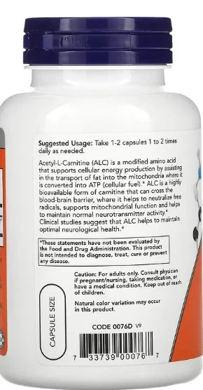 Ацетил-L-карнитин (ALC) NOW Acetyl L-Carnitine 500mg - 100 vcaps - зображення 3