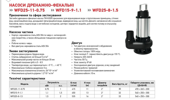 Насос дренажно-фекальний KOER WFD15-9-1.1 Steel - зображення 3
