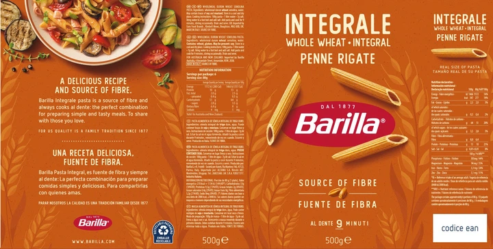 Макароны Barilla Integrale Pennette Rigate Пеннетте Ригате 500 г (8076809529433) - изображение 4