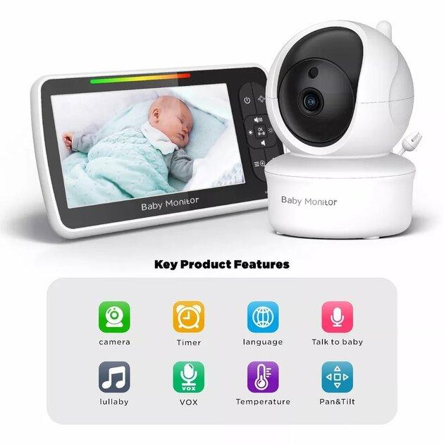 Видеоняня Baby Monitor SM-650 с 5-дюймовым ЖК-монитором, датчиком звука, ночное виденье, беспроводная, поворотная радионяня с портативным дисплеем и измерением температуры - изображение 6