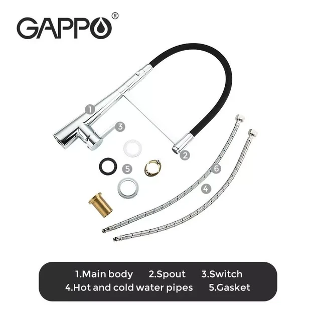 Змішувач з гнучким виливом для кухні GAPPO G4398-15, 2 режими, чорний/хром - изображение 6